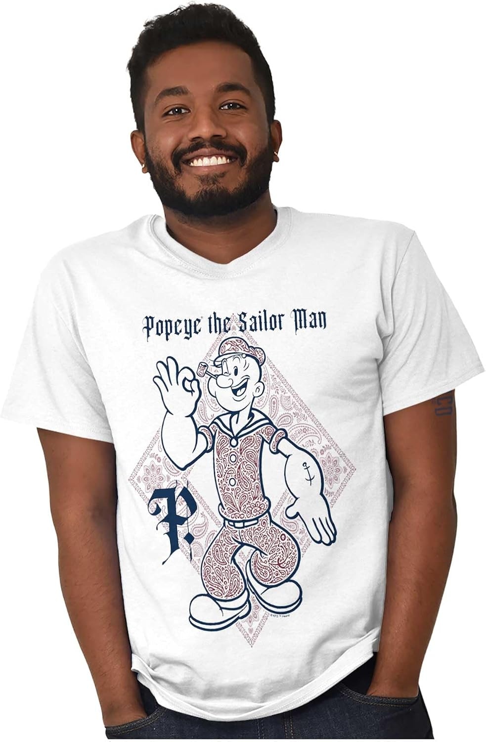 image:imagePopeye Cartoon Paisley Bandana Pattern Graphic T Shirt Men or WomenWhite Paisley Sailor Man