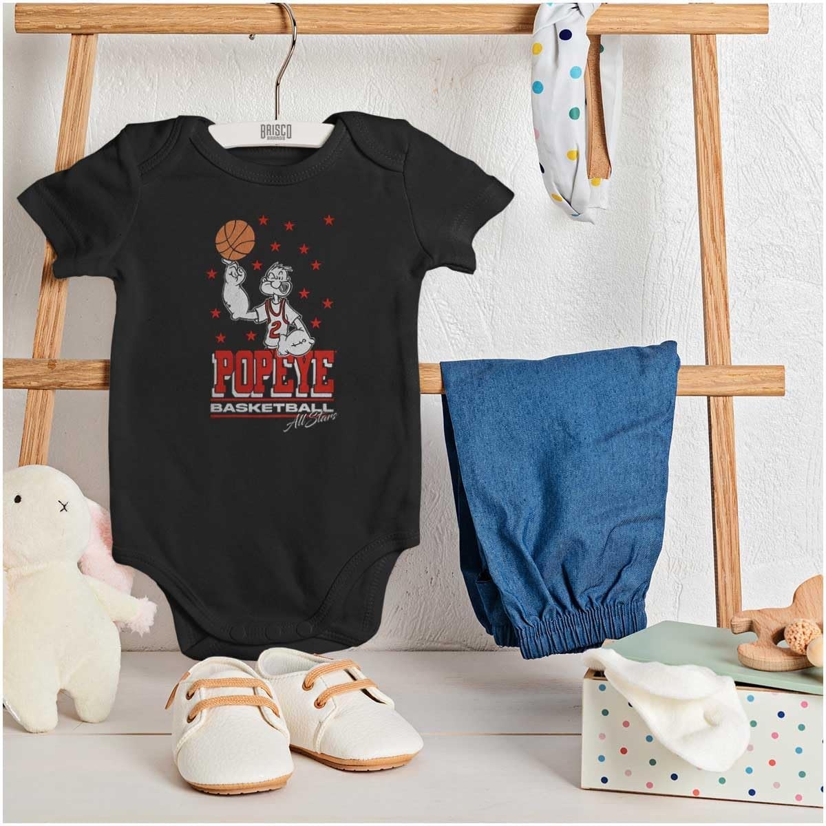 image:imagePopeye Sports Basketball Hoops Team Player Baby Romper Boys or GirlsBlack Basketball Finger Spin