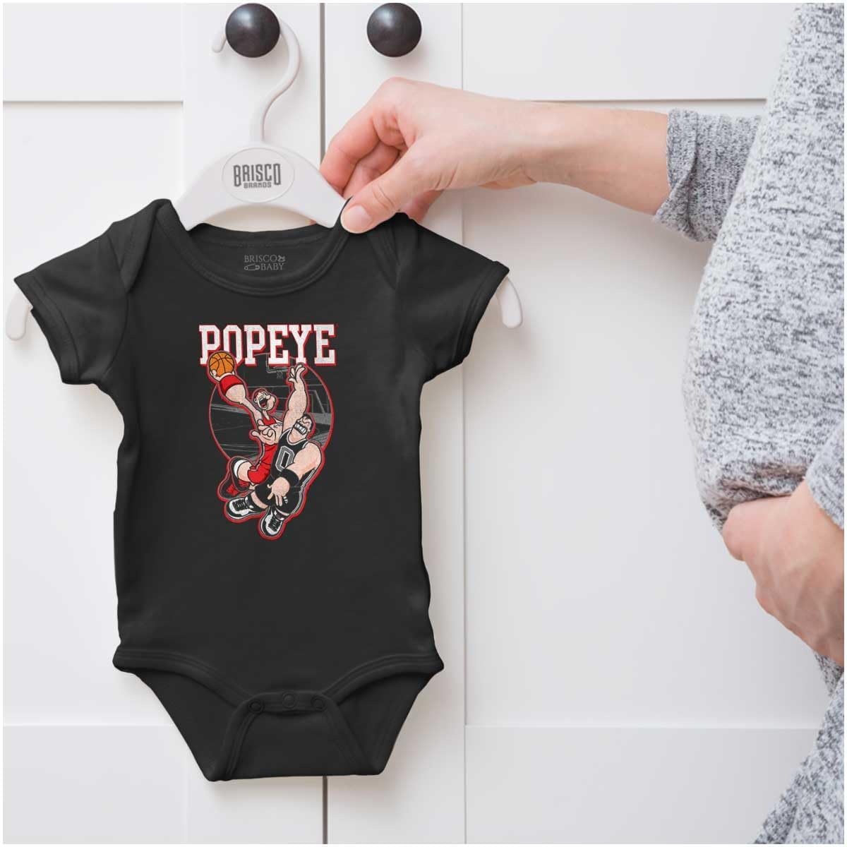 image:imagePopeye Sports Basketball Hoops Team Player Baby Romper Boys or GirlsBlack Bluto Defense