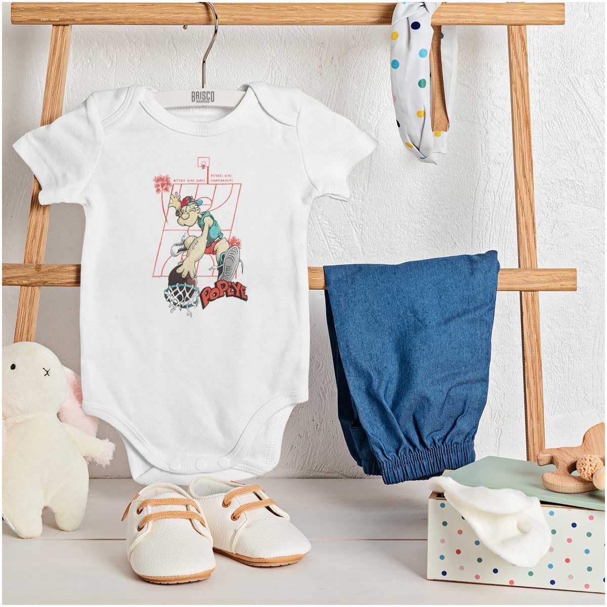 image:imagePopeye Sports Basketball Hoops Team Player Baby Romper Boys or GirlsWhite Slam Dunk