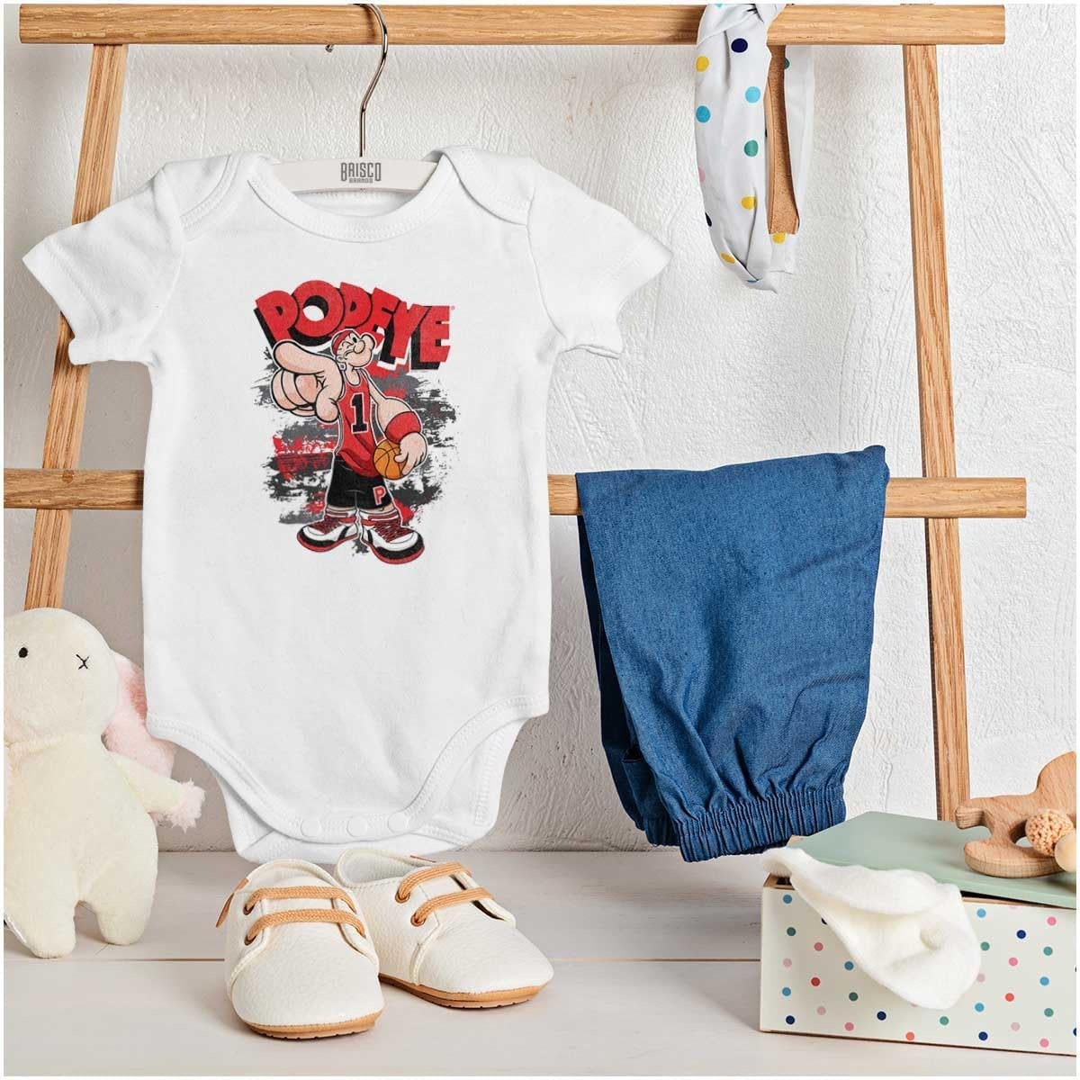 image:imagePopeye Sports Basketball Hoops Team Player Baby Romper Boys or GirlsWhite Urban Athlete