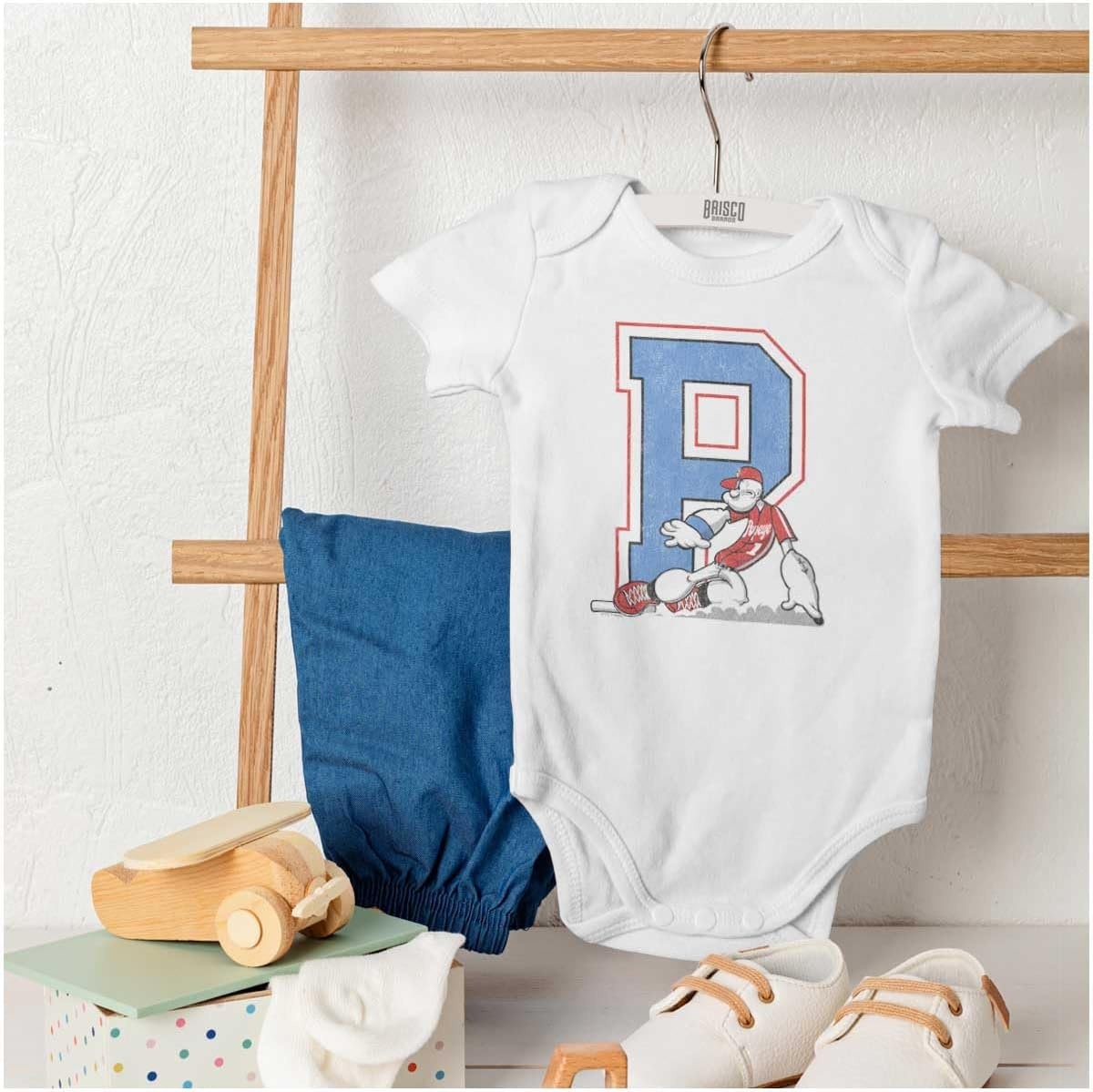 image:imagePopeye Sports Team Baseball Player Game Day Baby Romper Boys or GirlsWhite Base Slide