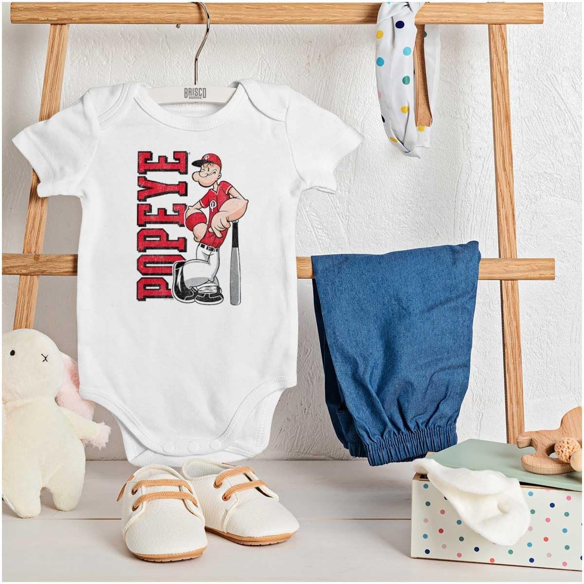 image:imagePopeye Sports Team Baseball Player Game Day Baby Romper Boys or GirlsWhite Baseball Player