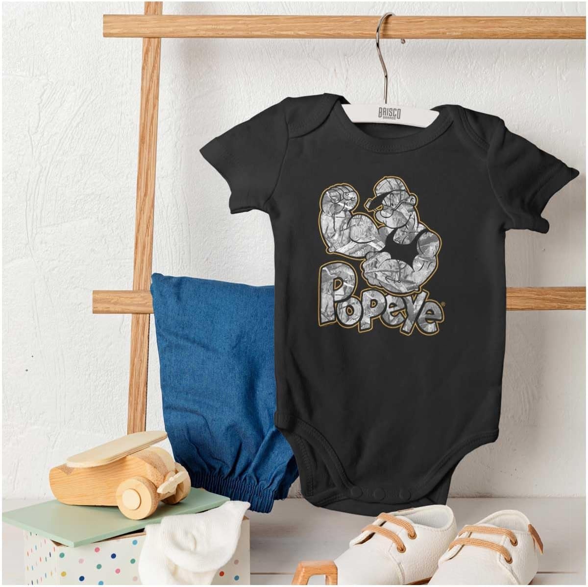 image:imagePopeye Urban Stick and Leaf Camouflage Gym Baby Romper Boys or GirlsBlack Muscle Flex
