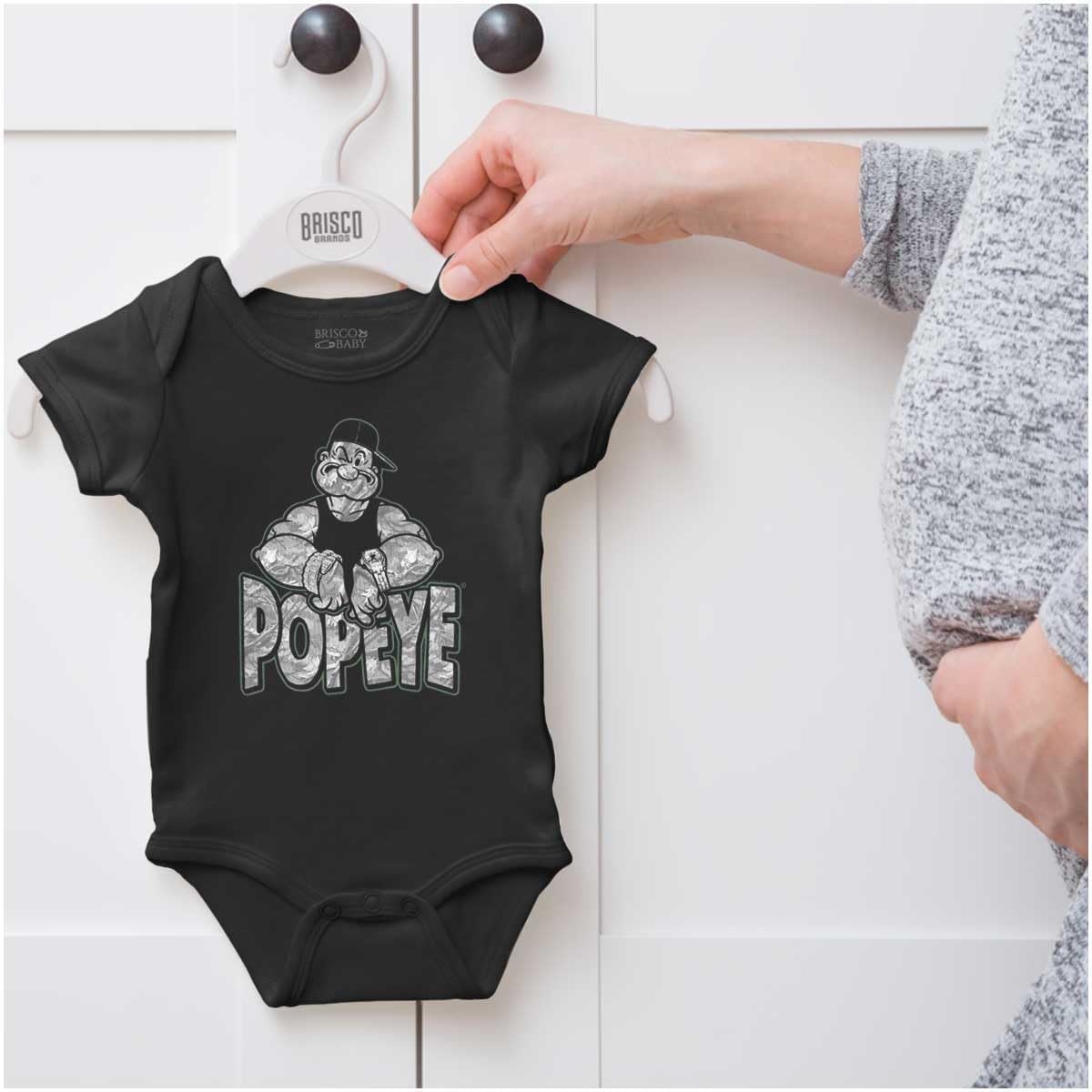image:imagePopeye Urban Stick and Leaf Camouflage Gym Baby Romper Boys or GirlsBlack Popeye Bling