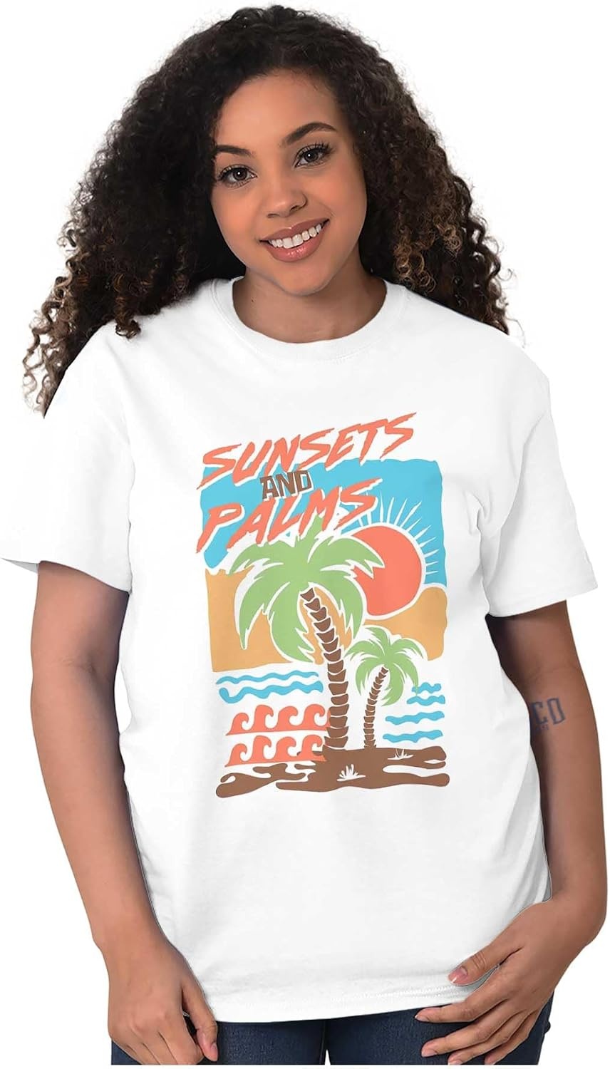 image:imageTropical Beach Sunsets and Palm Trees Graphic T Shirt Men or WomenWhite