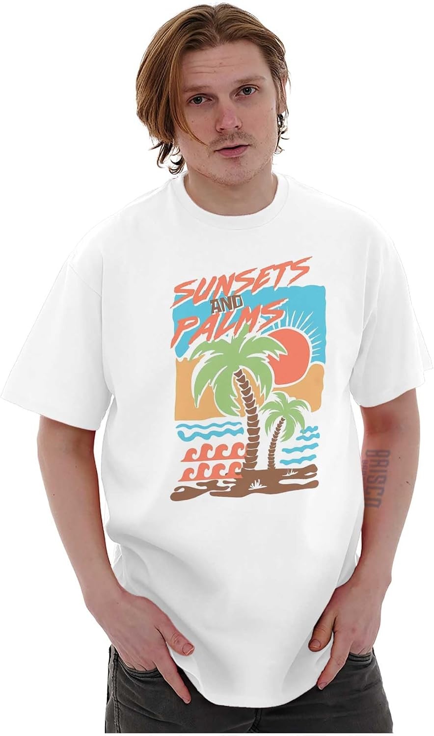 image:imageTropical Beach Sunsets and Palm Trees Graphic T Shirt Men or WomenWhite