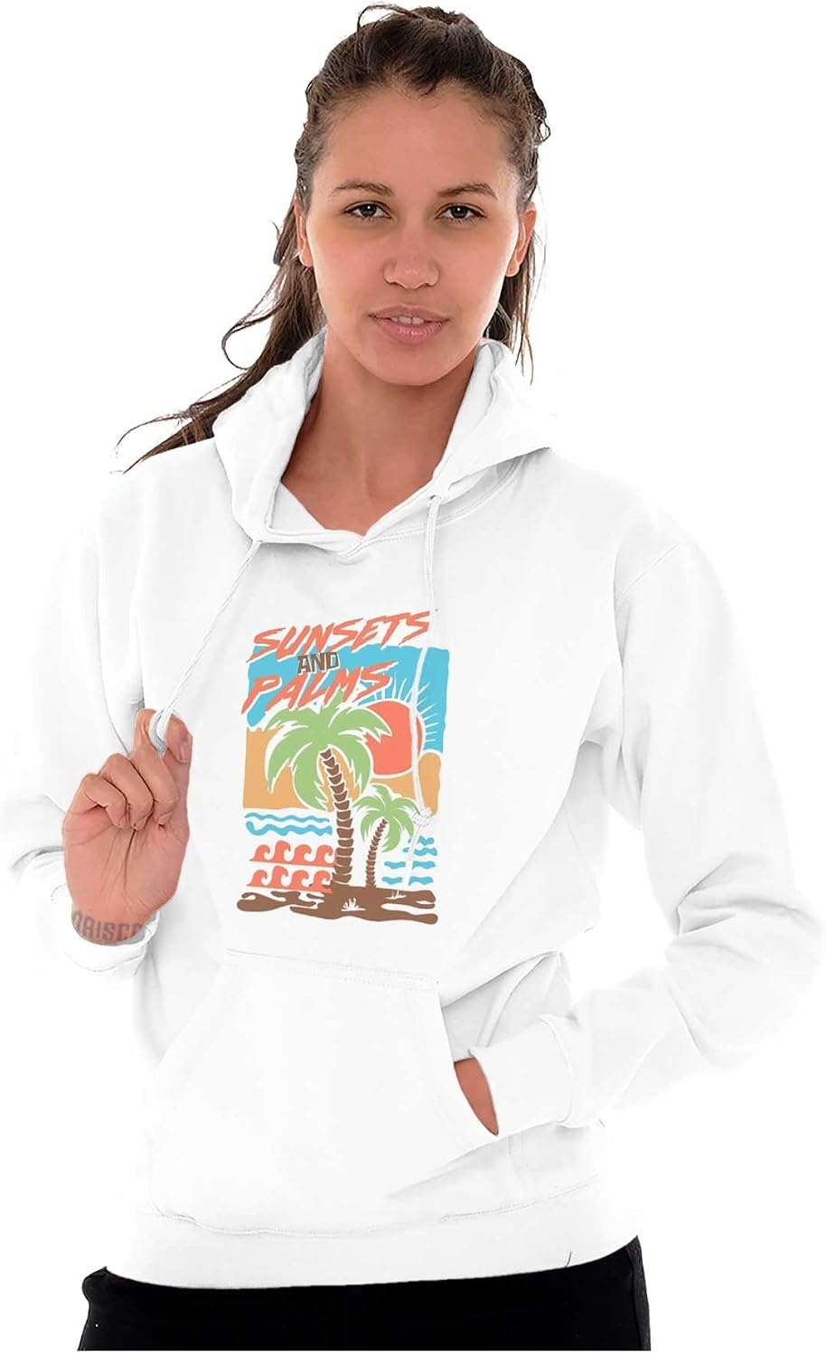image:imageTropical Beach Sunsets and Palm Trees Hoodie Sweatshirt Women MenWhite