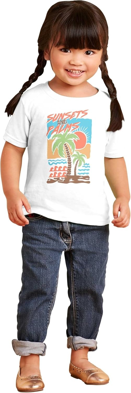image:imageTropical Beach Sunsets and Palm Trees Toddler Baby Graphic T ShirtWhite