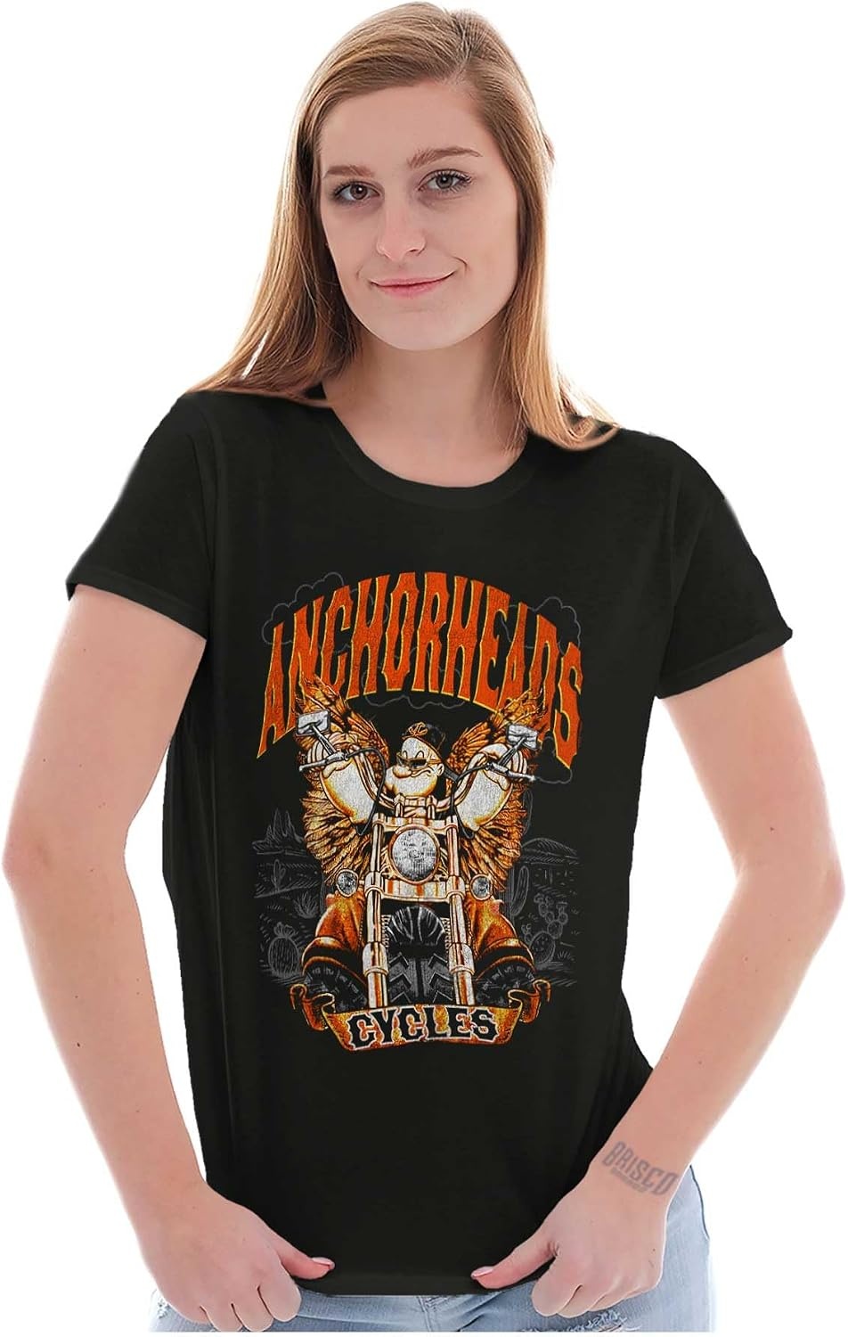 image:imageVintage Popeye Biker Classic Choppers Womens Slim Fit Graphic TeeBlack Anchor Heads Cycles