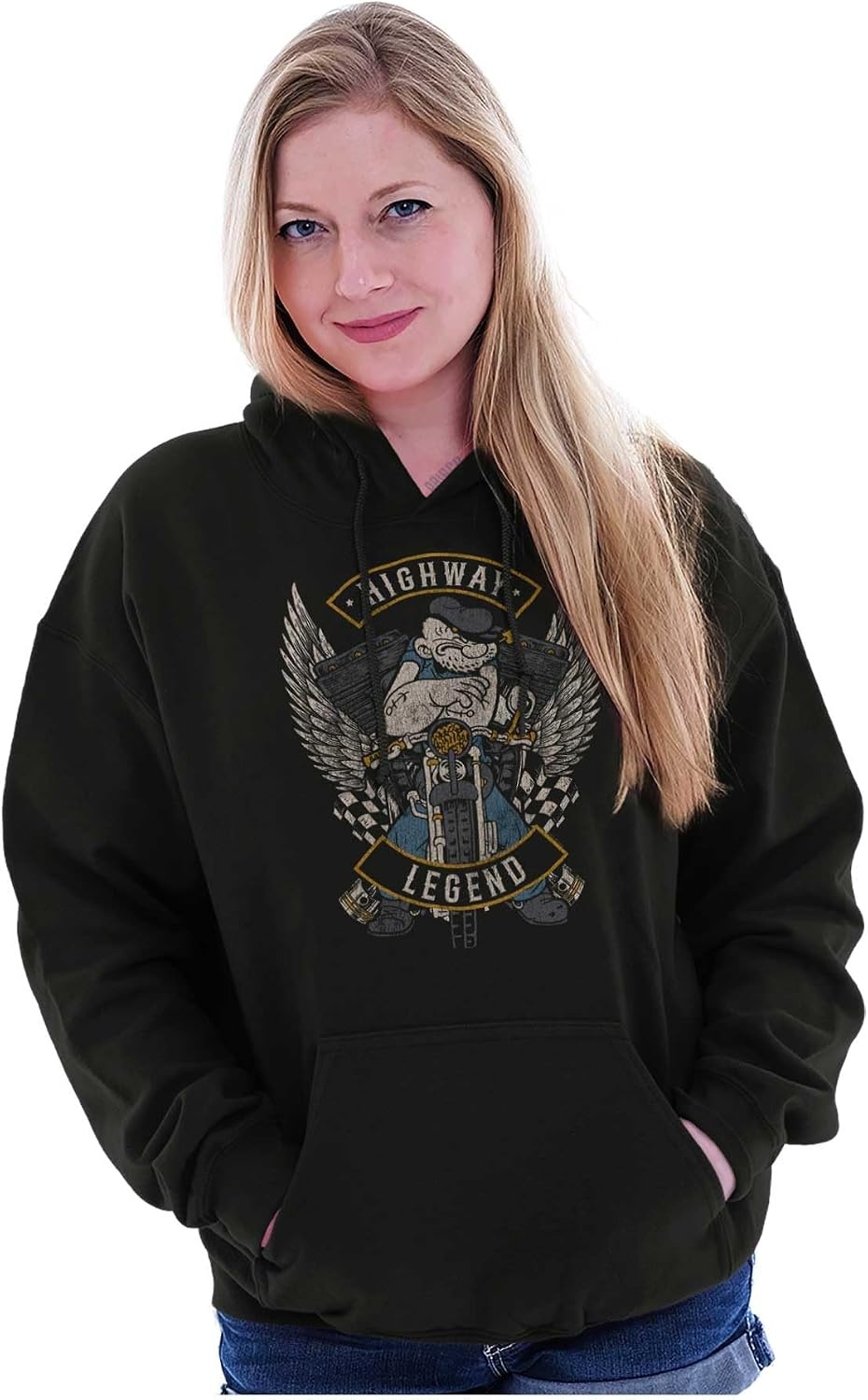 image:imageVintage Popeye Classic Motorcyle Biker Hoodie Sweatshirt Women MenBlack Highway Legend