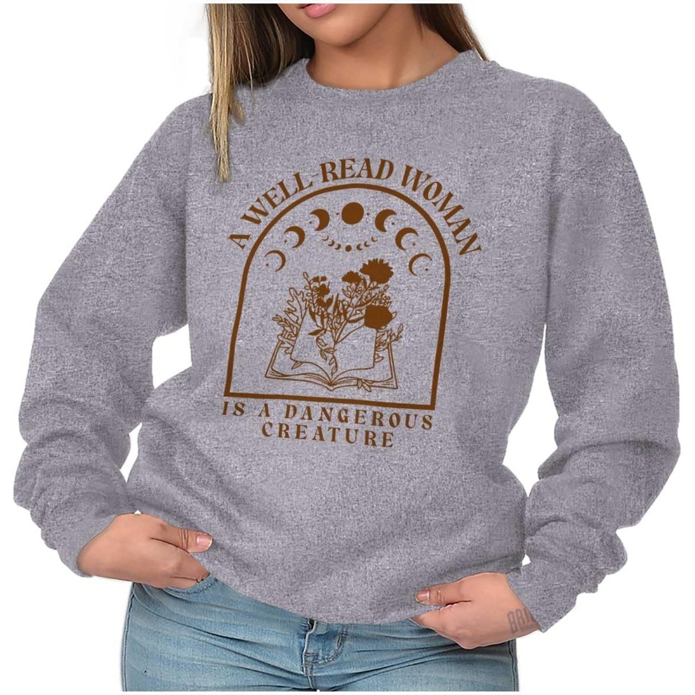 image:imageBrisco Brands A Well Read Woman Is Dangerous Women Crewneck SweatshirtSport Grey