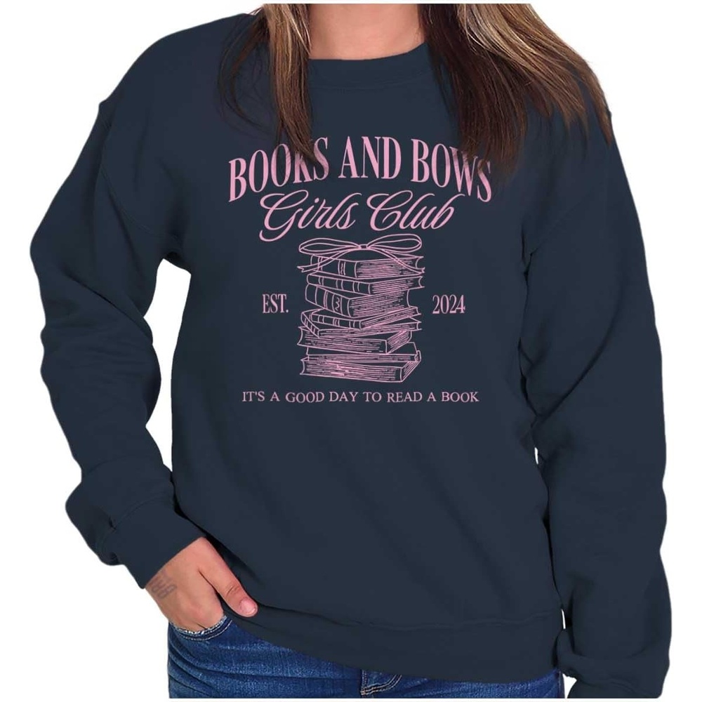 image:imageBrisco Brands Cute Books and Bows Girls Club Women Crewneck SweatshirtNavy