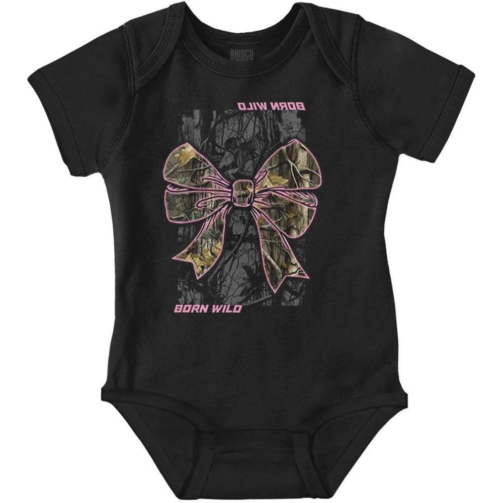image:imageBrisco Brands Cute Girly Hunter Camouflage Bows Baby Bodysuit Jumper GirlsBlack Born Wild