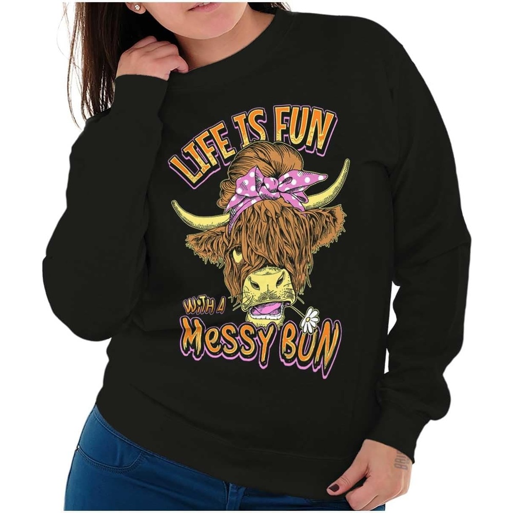 image:imageBrisco Brands Cute Life Is Fun With a Messy Bun Women Crewneck SweatshirtBlack
