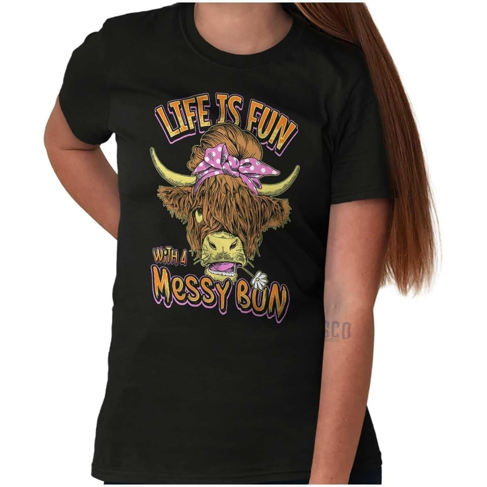 image:imageBrisco Brands Cute Life is Fun with a Messy Bun Womens Graphic T Shirt TeesBlack