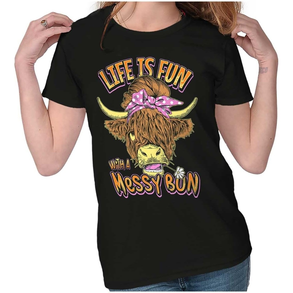 image:imageBrisco Brands Cute Life is Fun with a Messy Bun Womens Slim Fit Graphic TeeBlack