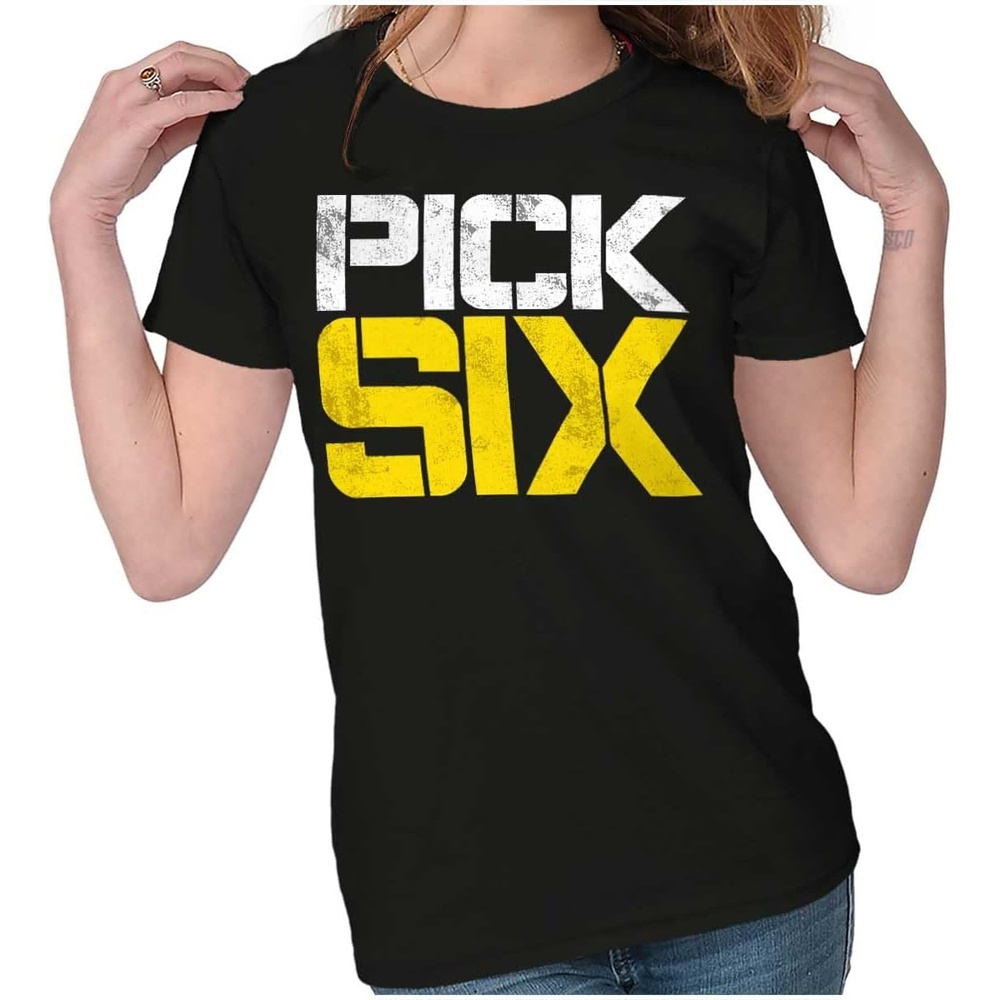 image:imageBrisco Brands Football Pick Six Sports Athlete Womens Slim Fit Graphic TeeBlack