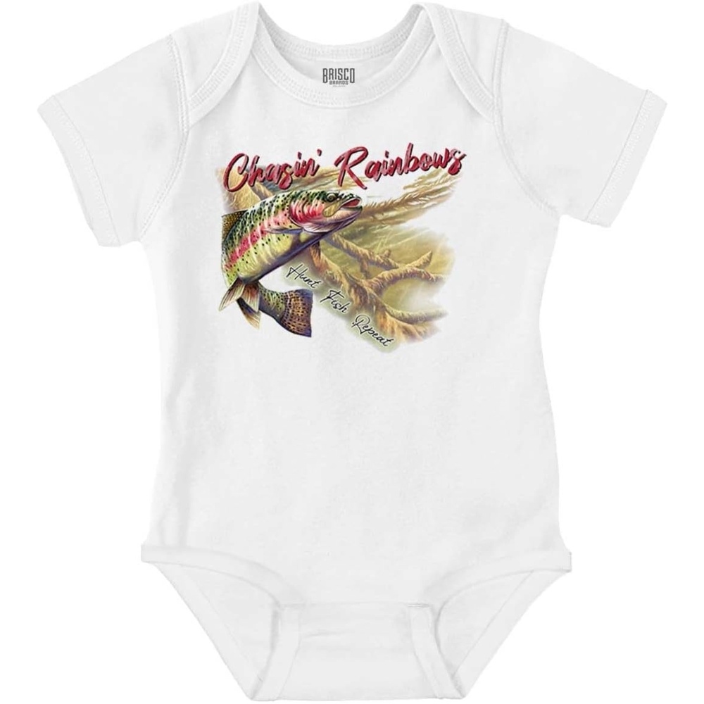 image:imageBrisco Brands Funny Fishing Chasin Rainbows Pun Baby Romper Boys or GirlsWhite
