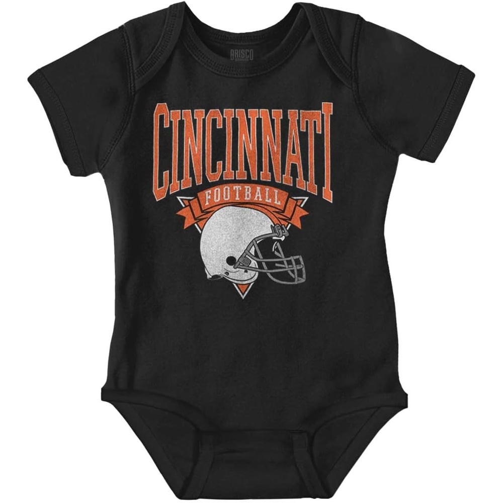 image:imageBrisco Brands Hometown Football Team Fan Helmet Baby Romper Boys or GirlsBlack Cincinnati