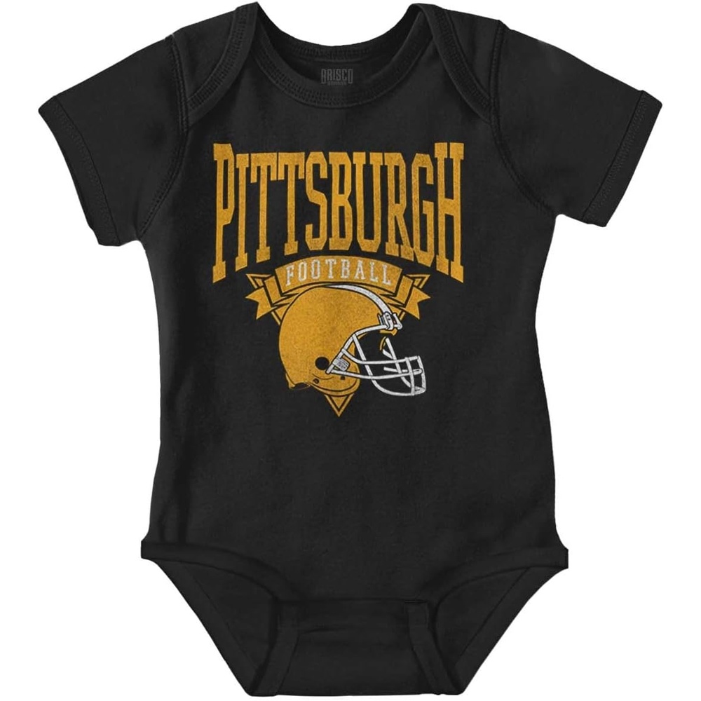 image:imageBrisco Brands Hometown Football Team Fan Helmet Baby Romper Boys or GirlsBlack Pittsburgh