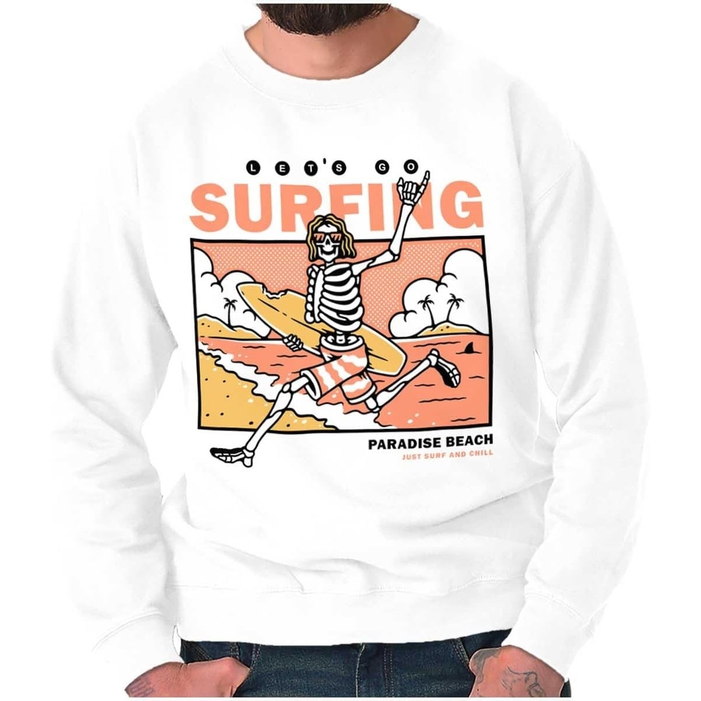 image:imageBrisco Brands Lets Go Surfing Skeleton Beach Sweatshirt for Men or WomenWhite