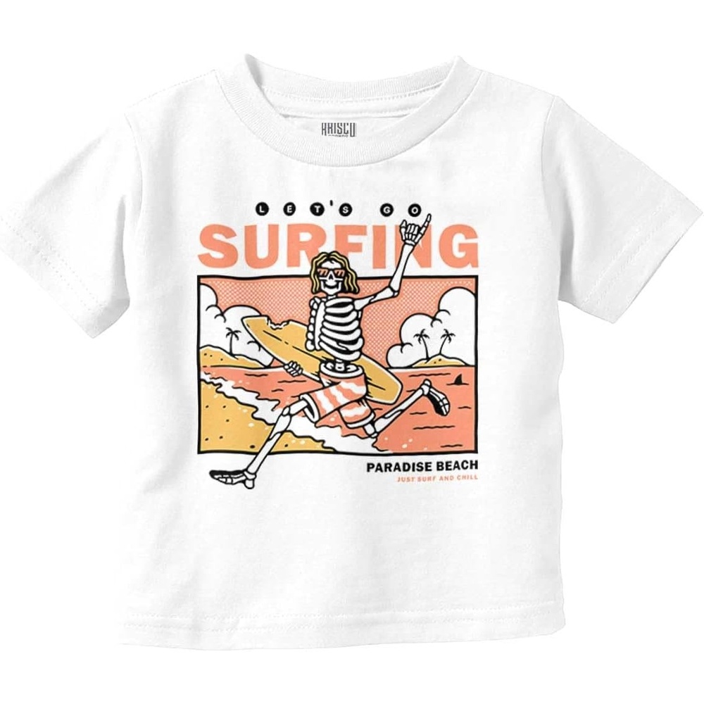 image:imageBrisco Brands Lets Go Surfing Skeleton Beach Toddler Baby Graphic T ShirtWhite