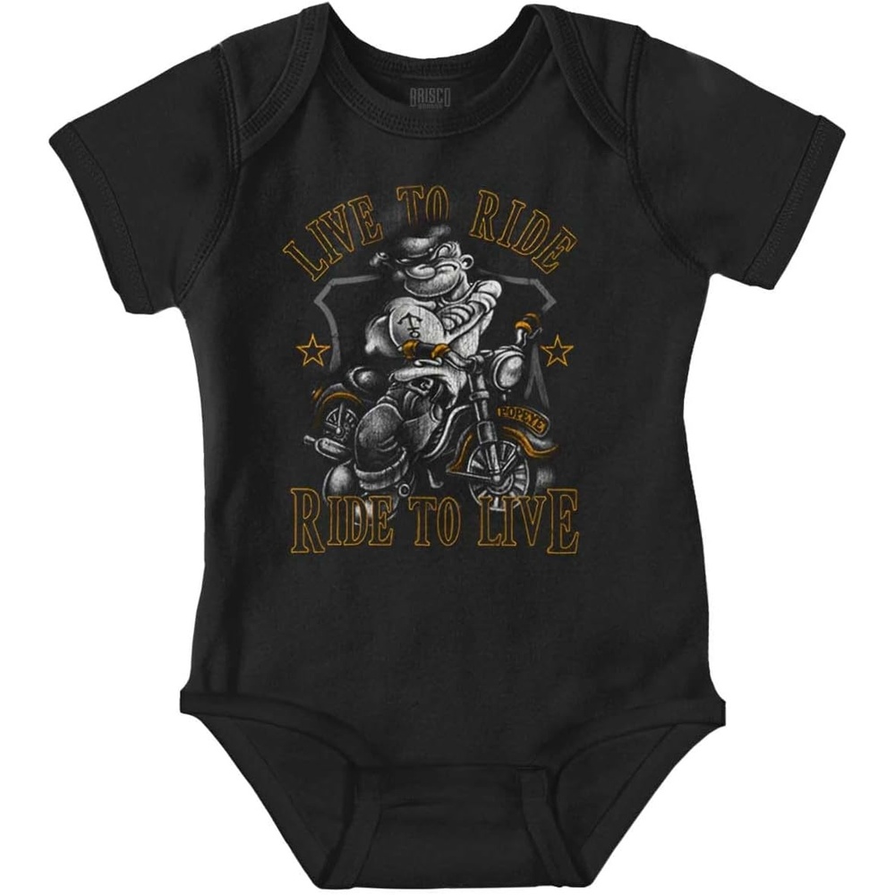 image:imageBrisco Brands Popeye Biker Live To Ride Cartoon Baby Romper Boys or GirlsBlack