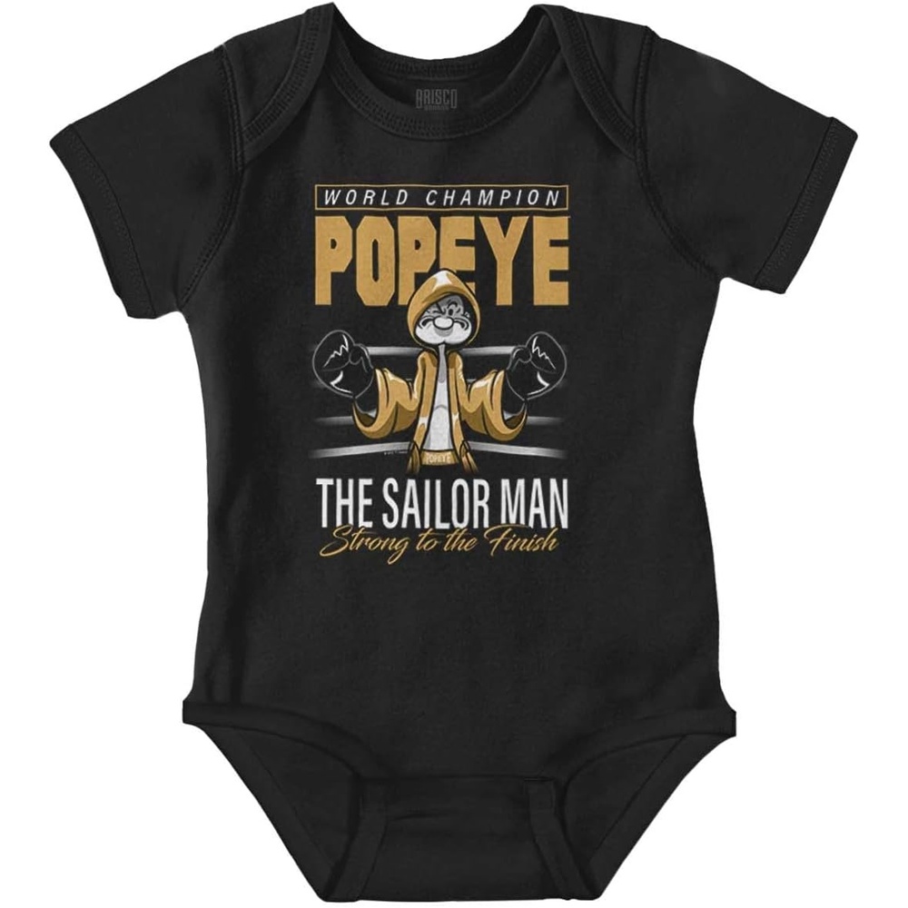 image:imageBrisco Brands Popeye Boxing Champion Fight Poster Baby Romper Boys or GirlsBlack Strong to the Finish