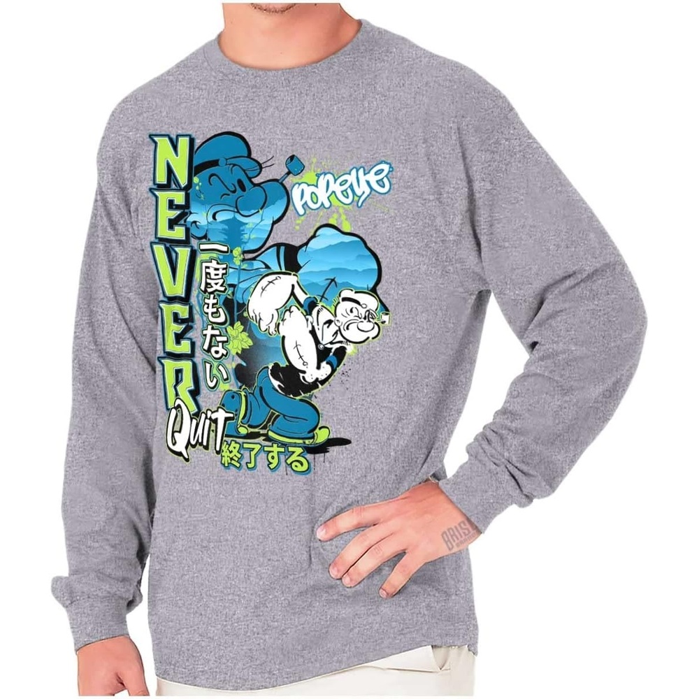 image:imageBrisco Brands Popeye Never Quits Asian Inspired Mens Long Sleeve Tee T ShirtSport Grey