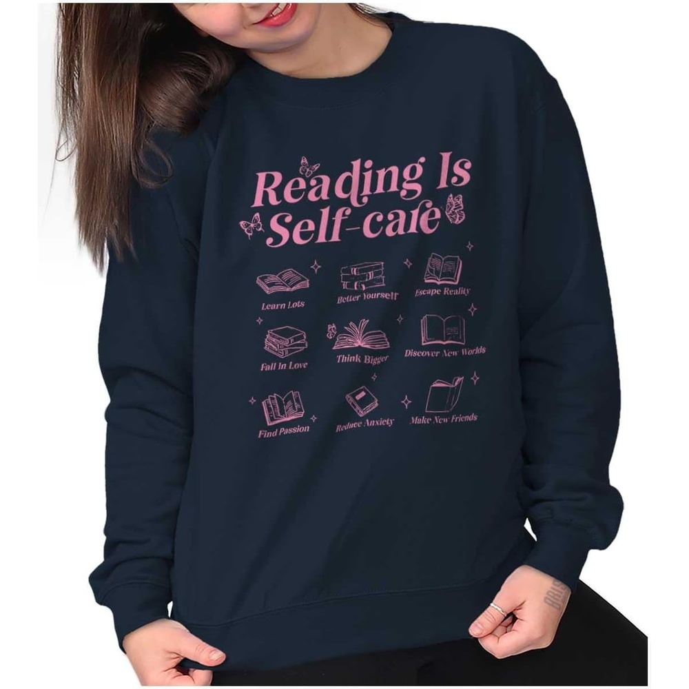 image:imageBrisco Brands Reading Is Self Care Book Lover Women Crewneck SweatshirtNavy