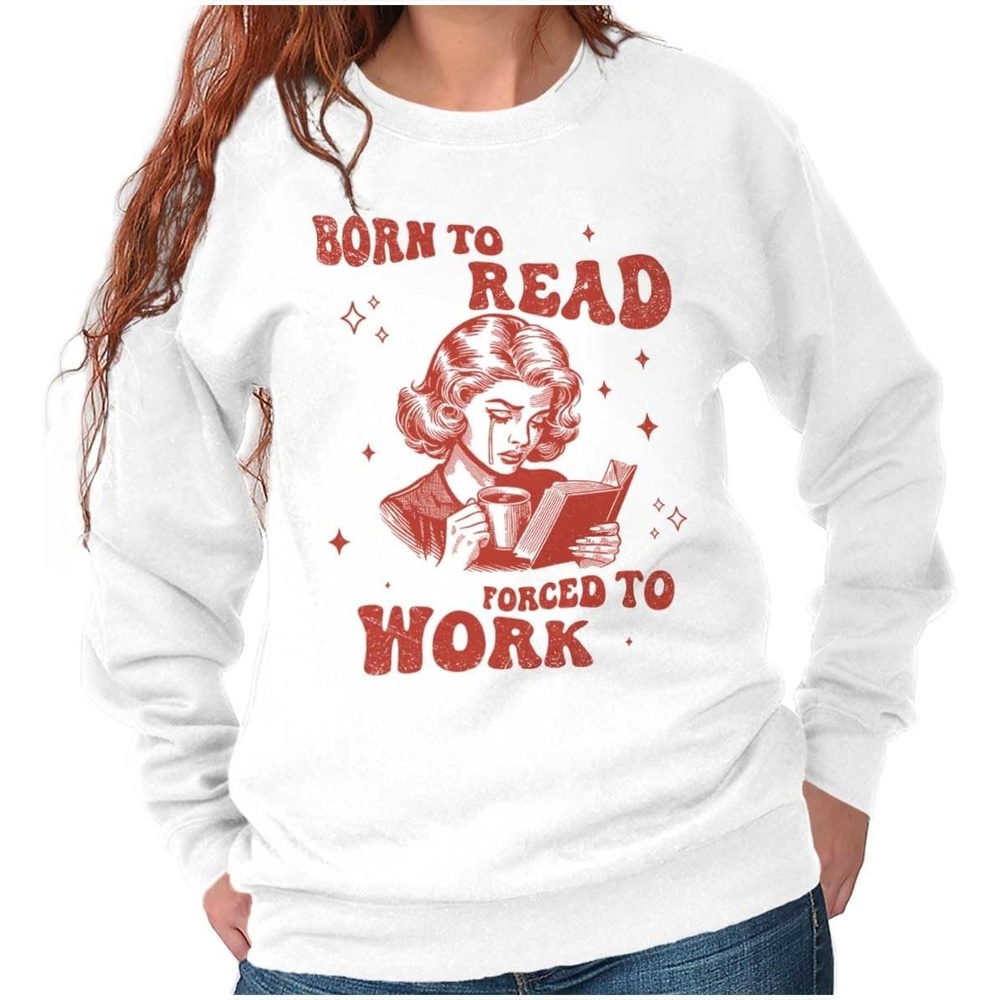 image:imageBrisco Brands Vintage Born To Read Forced To Work Women Crewneck SweatshirtWhite