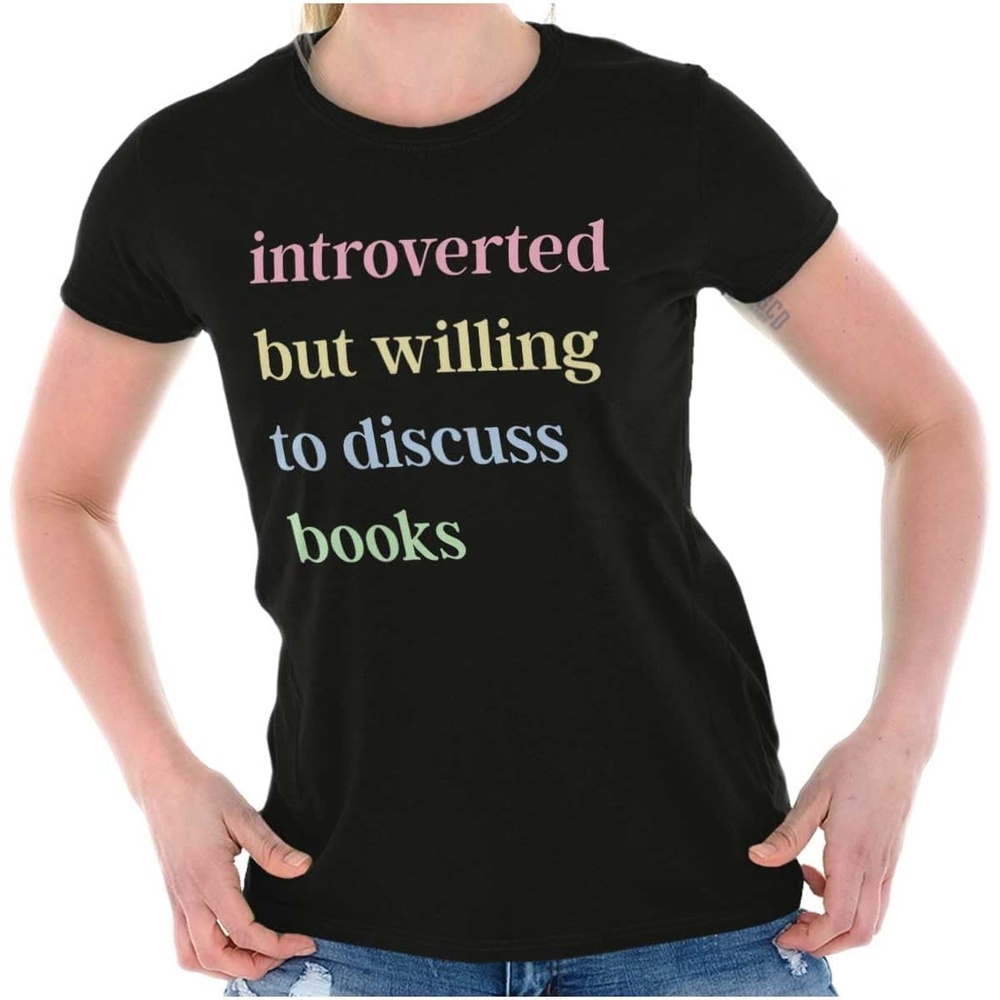 image:imageIntroverted Willing To Discuss Books Womens Slim Fit Graphic TeeBlack