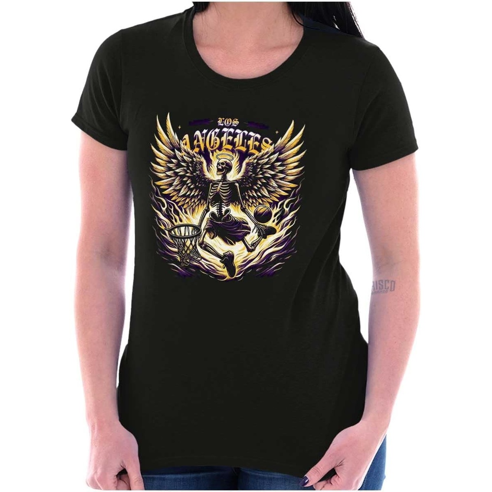image:imageLos Angeles Skeleton Basketball Player Womens Slim Fit Graphic TeeBlack  Heavenly Dunk