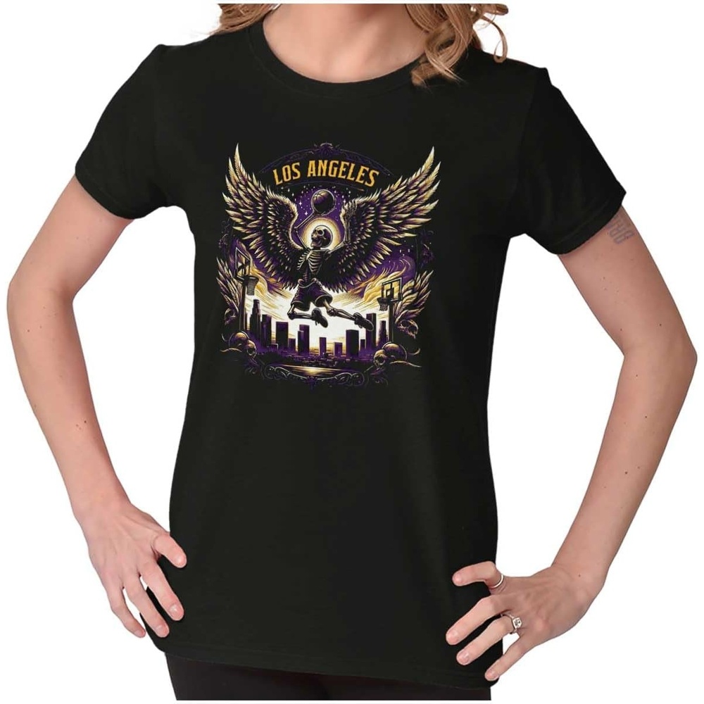 image:imageLos Angeles Skeleton Basketball Player Womens Slim Fit Graphic TeeBlack Slam Dunk