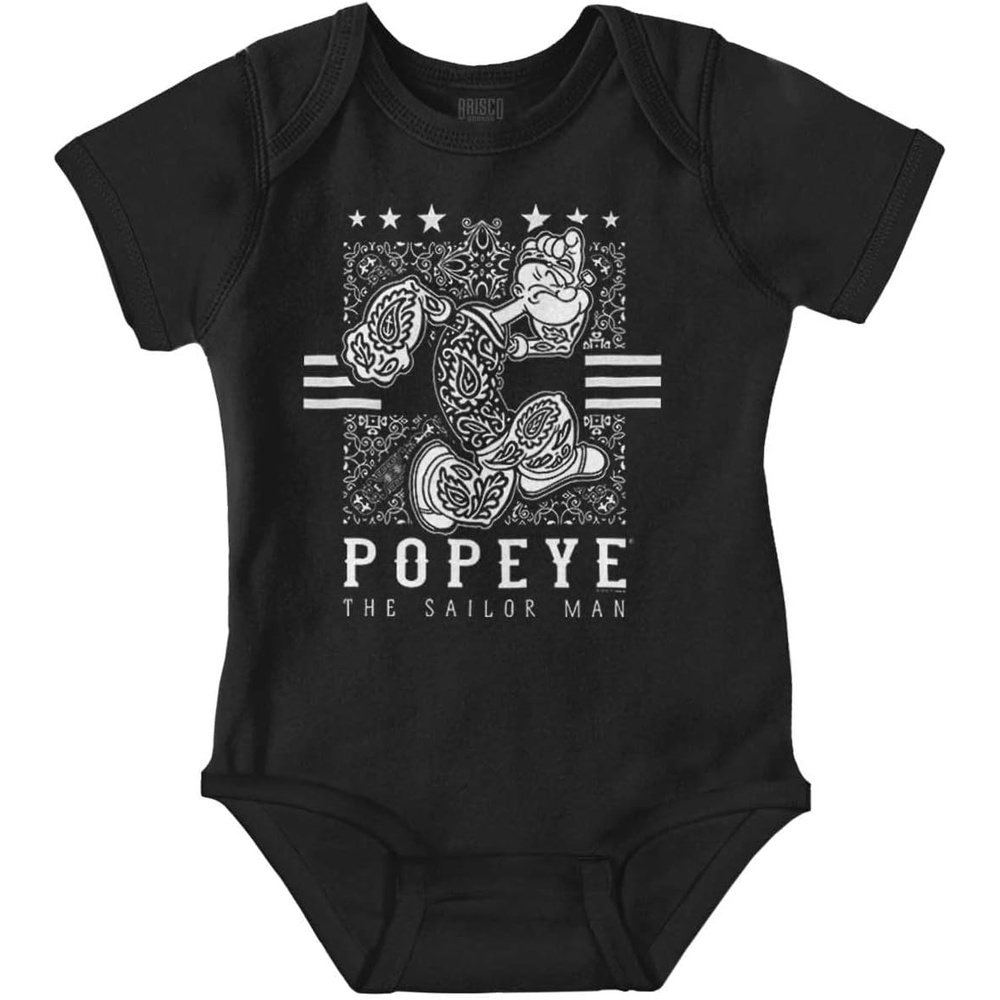 image:imagePopeye Cartoon Paisley Bandana Pattern Baby Romper Boys or GirlsBlack Paisley Popeye