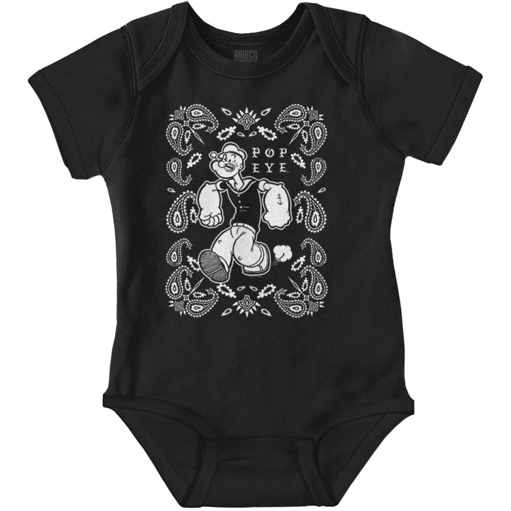 image:imagePopeye Cartoon Paisley Bandana Pattern Baby Romper Boys or GirlsBlack Popeye Bandana