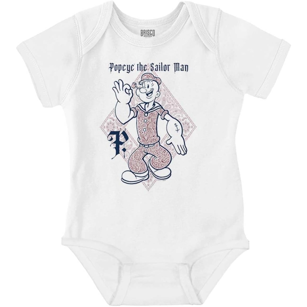 image:imagePopeye Cartoon Paisley Bandana Pattern Baby Romper Boys or GirlsWhite Paisley Sailor Man