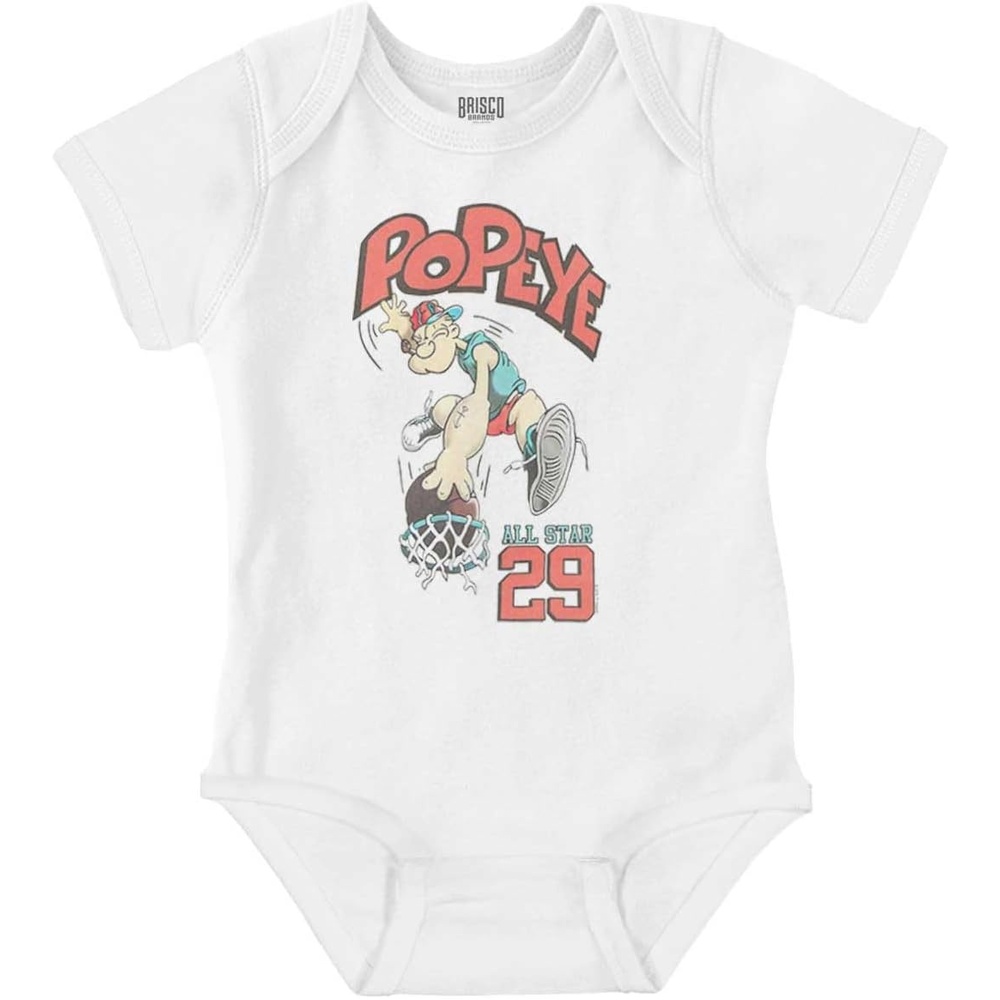 image:imagePopeye Sports Basketball Hoops Team Player Baby Romper Boys or GirlsWhite All Star Dunk