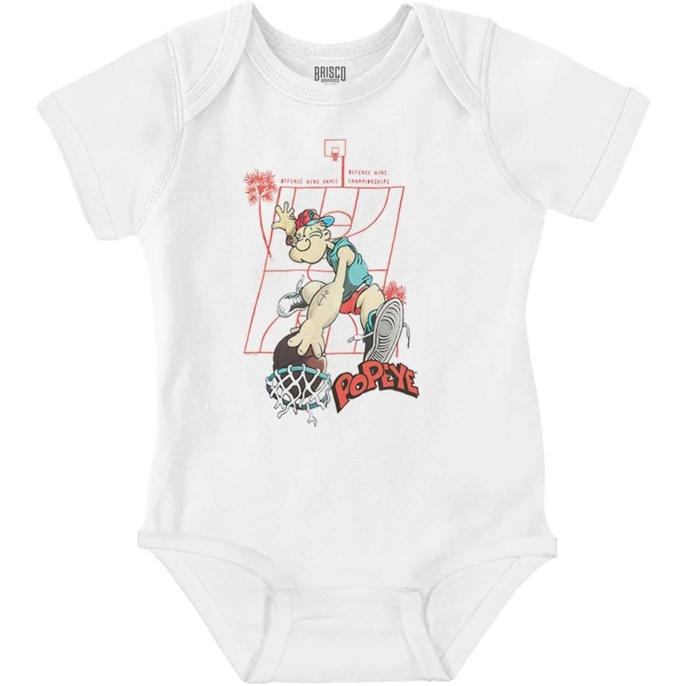 image:imagePopeye Sports Basketball Hoops Team Player Baby Romper Boys or GirlsWhite Slam Dunk