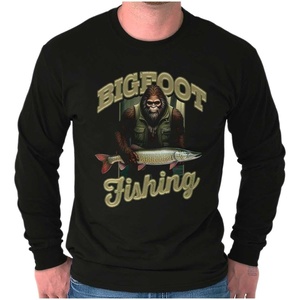 Bigfoot Fishing Outdoor Adventure Mens Long Sleeve Tee T Shirt(Black)