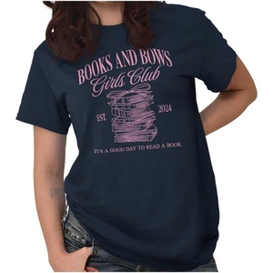 Brisco Brands Cute Books and Bows Girls Club Womens Graphic T Shirt Tees(Navy)