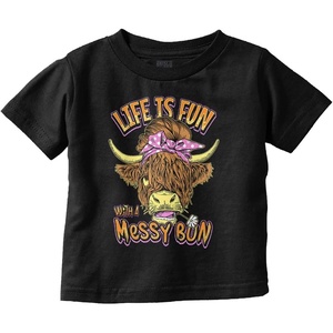 Brisco Brands Cute Life is Fun with a Messy Bun Toddler Baby Girl T Shirt(Black)