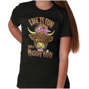 Brisco Brands Cute Life is Fun with a Messy Bun Womens Graphic T Shirt Tees(Black)