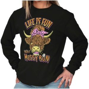 Brisco Brands Cute Life is Fun with a Messy Bun Women’s Long Sleeve T Shirt(Black)
