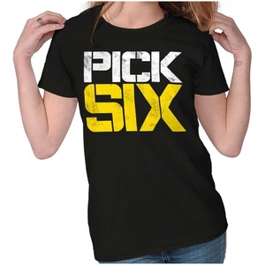 Brisco Brands Football Pick Six Sports Athlete Womens Slim Fit Graphic Tee(Black)