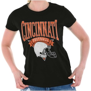 Brisco Brands Hometown Football Team Fan Helmet Womens Slim Fit Graphic Tee(Black – Cincinnati)