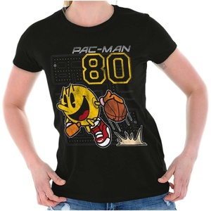 Brisco Brands Pacman Basketball Player Dribble Womens Slim Fit Graphic Tee(Black)