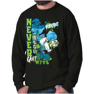Brisco Brands Popeye Never Quits Asian Inspired Mens Long Sleeve Tee T Shirt(Black)