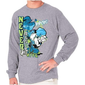Brisco Brands Popeye Never Quits Asian Inspired Mens Long Sleeve Tee T Shirt(Sport Grey)